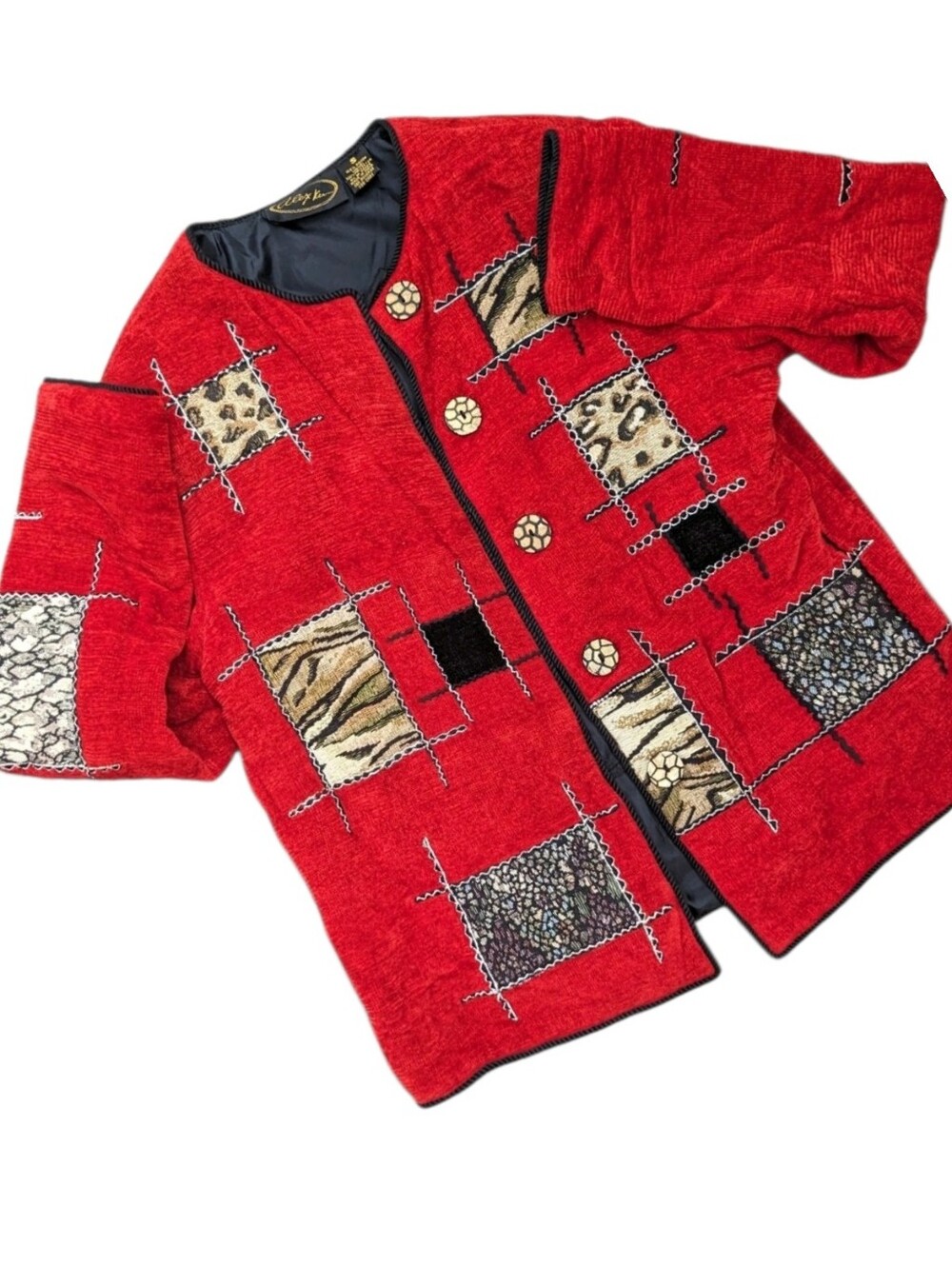 ALEX KIM ALLURE Vintage Red Art To Wear Animal Patchwork Button Loop Jacket LG - Picture 13 of 13